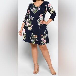 Elegant Floral Mini Dress - Black with Pink and Green